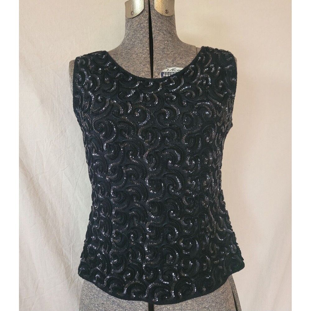 Vintage 50s MCM Black Sequin Top Tank Rockabilly Pin Up Halloween‎ Metal Zip
